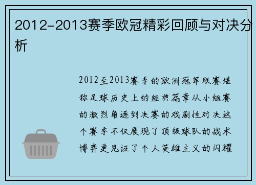 2012-2013赛季欧冠精彩回顾与对决分析