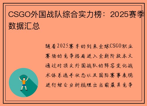 CSGO外国战队综合实力榜：2025赛季数据汇总