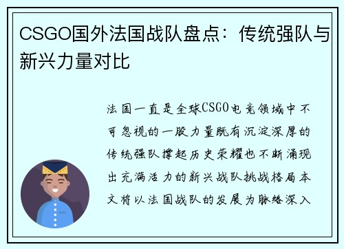 CSGO国外法国战队盘点：传统强队与新兴力量对比
